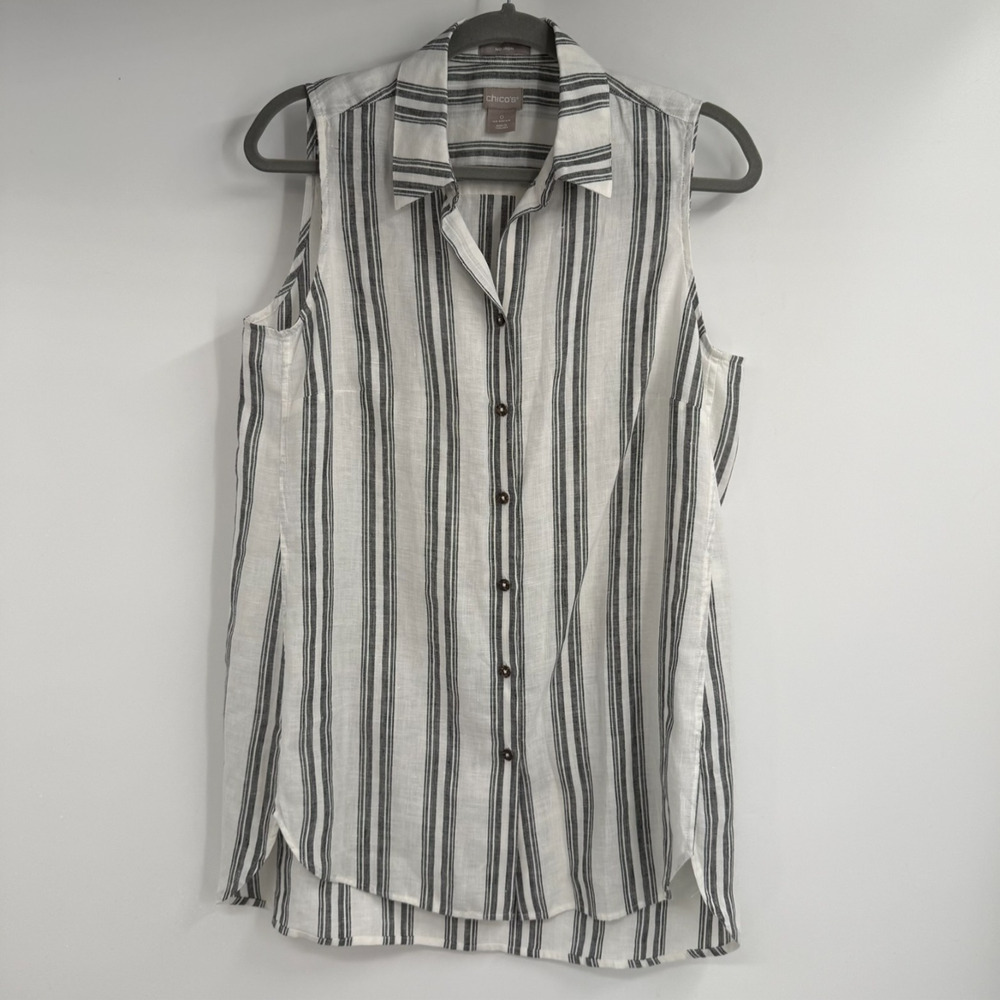 Chico's Linen Tunic Top Womens 0 4-6 White Striped Button Up Sleeveless Coastal